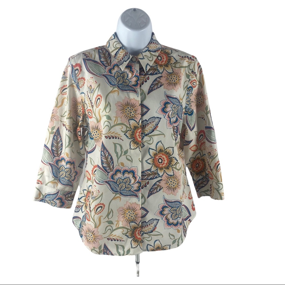Chico’s Woman’s Size 0 Blouse 3/4 Sleeve Button Up Floral Print Colorful!